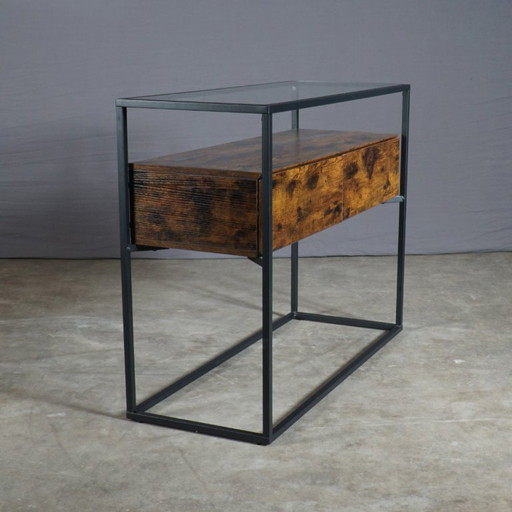 Industrieller Beistelltisch – schwarzes Metall – Glas – Holzschubladen – bijzettafels, Vintage (photo 2 of 9)