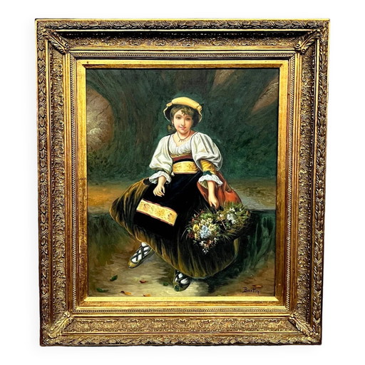 Portrait of a flower girl in a beautiful baguette frame. – schilderijen tekeningen, Canvas
