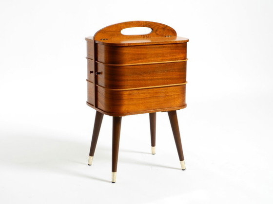 Image 1 of Beautiful original Mid Century sewing box with teak veneer and many compartments