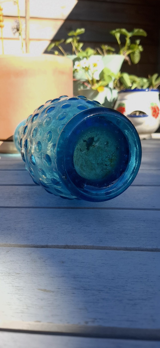 Image 1 of Vintage Empoli Hobnail Vaas Blauw Glas UV Reactief Italië 1960