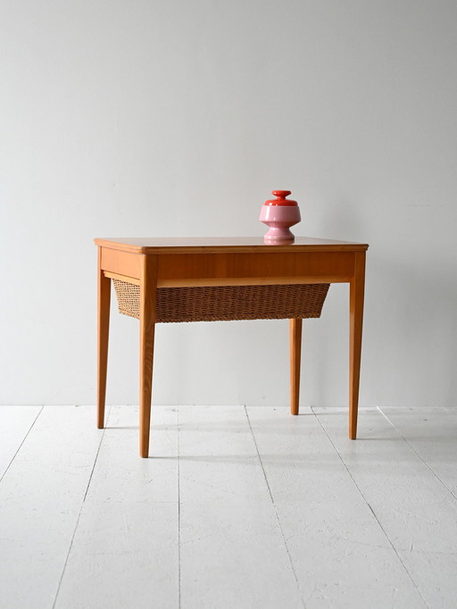 1950s/60s Oak Burl Sewing Table with Basket