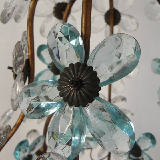 Image 1 of Hanglamp versierd met 42 bloemen in blauw en helder kristal, Maison Bagues stijl, jaren 30