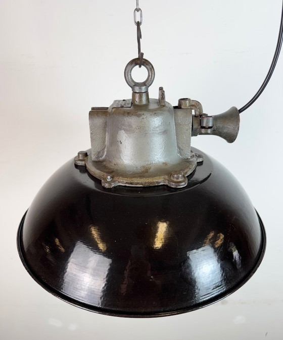 Image 1 of Industrielle Käfig-Hängelampe aus schwarzem Emaille und Gusseisen, 1960er