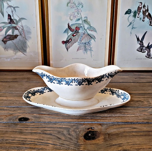 Saucière Longwy Terre de Fer Rhodes, Fin 19ème, Décor Bleu