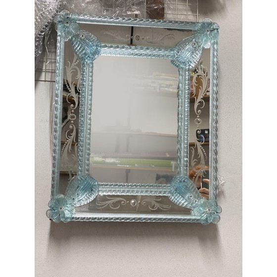 Image 1 of Venetian Rectangular Light-Blue Floreal Hand-Carving Mirror In Murano Glass Style