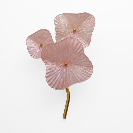 Image 1 of Pair of Modern Murano Artistic Glass Pearly Pink and Brass Sconces