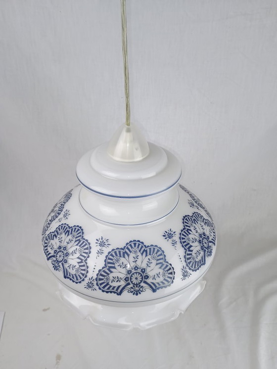 Image 1 of Mid Century Murano Pendant Light White Opaline Textured Engraved Glass Lantern 1950s