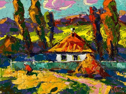 Dipinto ad olio originale Paesaggio rurale Casa Vita di campagna Un sentiero vicino al villaggio