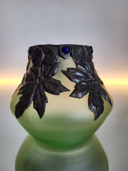 Art Nouveau Loetz vase with green glass, pewter mount, floral decoration
