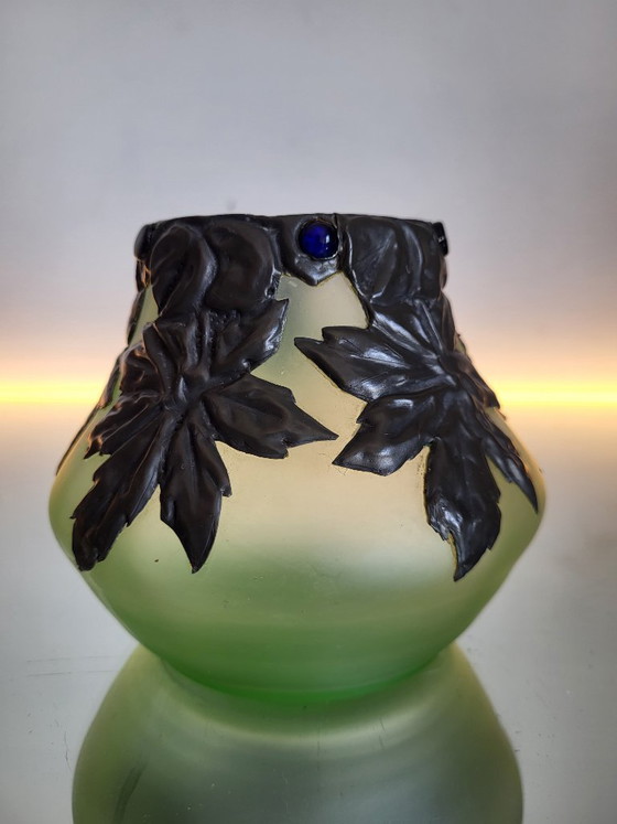 Image 1 of Art Nouveau Loetz vase with green glass, pewter mount, floral decoration