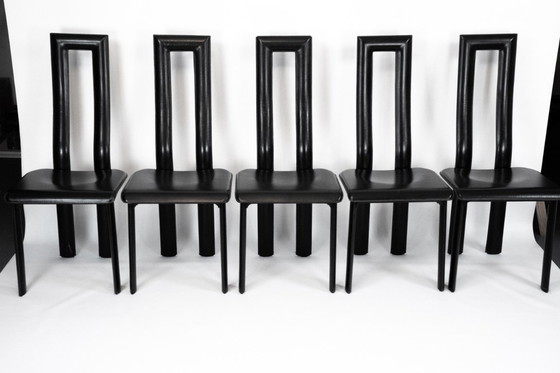 Image 1 of Postmodern Set of ten leather dining chairs by Antonello Mosca for Ycami. Italy 1980s