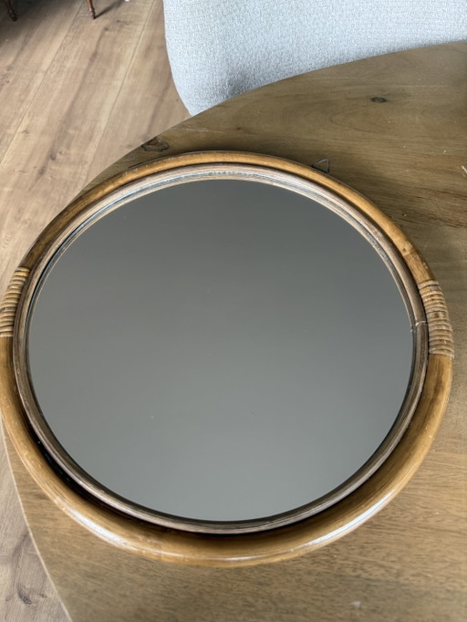 Vintage Mid-Century Modern Round Bamboo & Rattan Wall Mirror – 1960s/1970s Boho Chic Italian Style – spiegels (photo 2 of 11)
