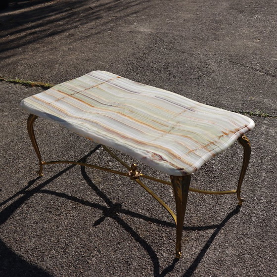 Image 1 of French Vintage Onyx Marble and Brass Coffee Table-Big Cocktail Table-Rare Lounge Table- Regency Style-70s