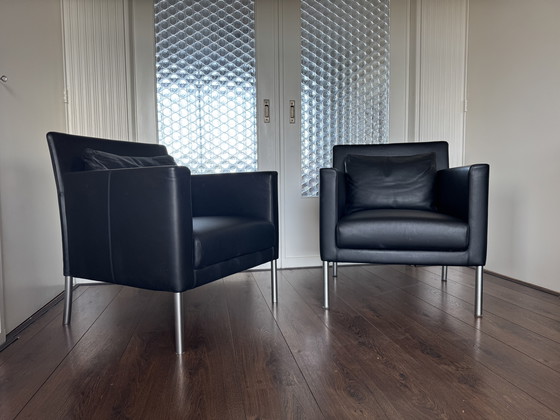 Image 1 of  Modernist German Black Leather and Steel Lounge Chairs from Walter Knoll / Wilhelm Knoll, 2000s, Set of 2