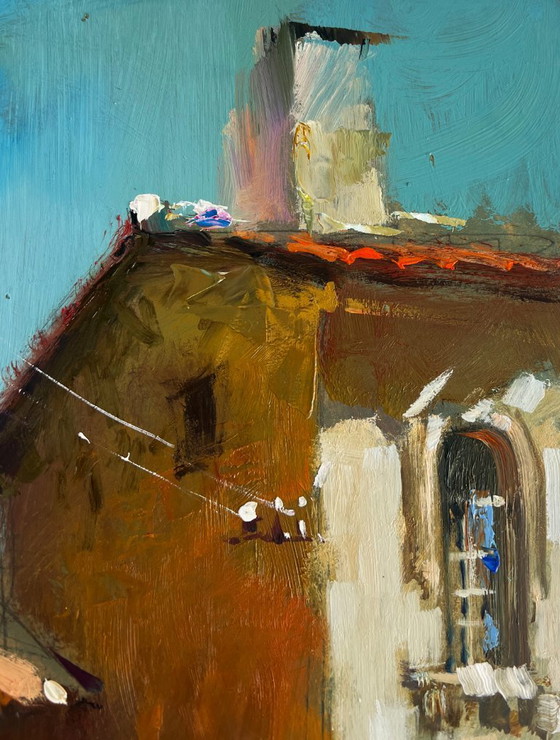 Image 1 of Original Oil Painting Summer Street Landscape Old house in the city