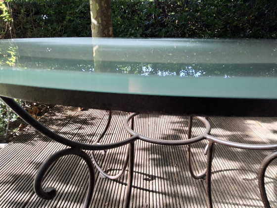 Round Wrought Iron Table With 12 Mm Thick Tempered Frosted Glass (photo 7 of 15)