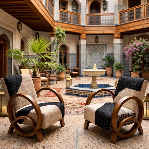 Pair of Moroccan Walnut Armchairs with Vintage Berber Kilim – Artisan Craftsmanship (Set of 2)