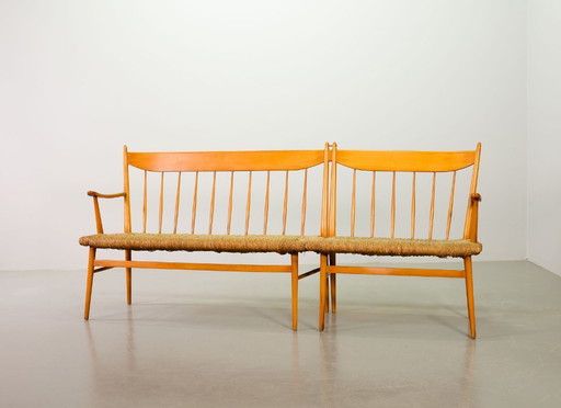 Large Mid-Century Design Spindle Back Bench with Rush Wickered Seatings in Style of Arno Lambrecht. Germany, 1950s. 