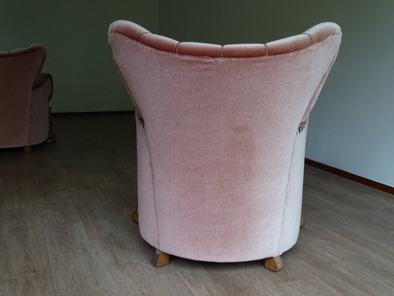 Image 1 of ⚠️ 2 sur 4 encore disponibles | Fauteuils club Art déco (env. 1920-1950) | Velours rose poudré | Chêne sculpté