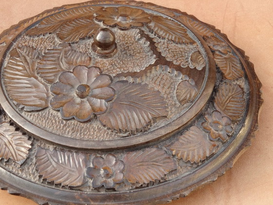 Image 1 of Bol à couvercle fleuri, bois, vintage, chef-d'œuvre, bol avec couvercle, fleurs, meesterwerk