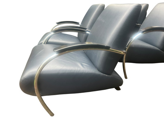 Image 1 of Set van 4 Jan des Bouvrie design fauteuils van leer model 5470 donkerblauw met certificaten