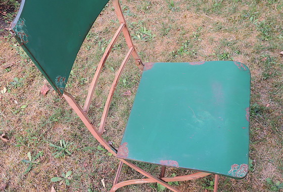 Image 1 of Mid Century Distressed Painted Iron Garden Table and 2 Chairs, 1960s
