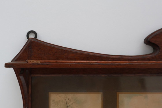 Image 1 of Art Nouveau Wall-Mounted Coat Rack with Framed Watercolors by Cassier, Belgium, 1905