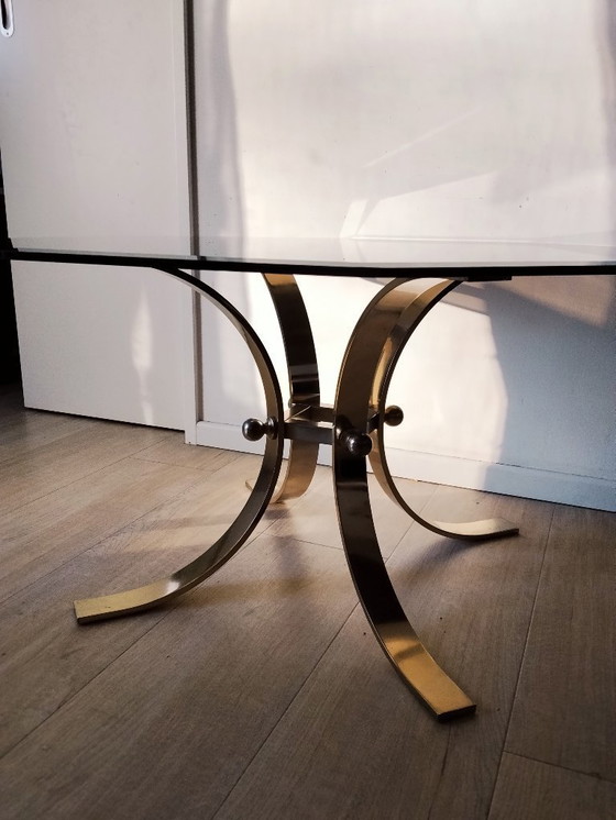 Image 1 of Table basse vintage, laiton et verre fumé, Ø 90 cm • Style années 70/80 • Design rétro, Hollywood Regency