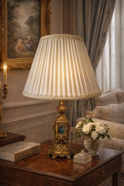 Vintage Neoclassical Style Table Lamp in Brass and Green Marble from the 1950s