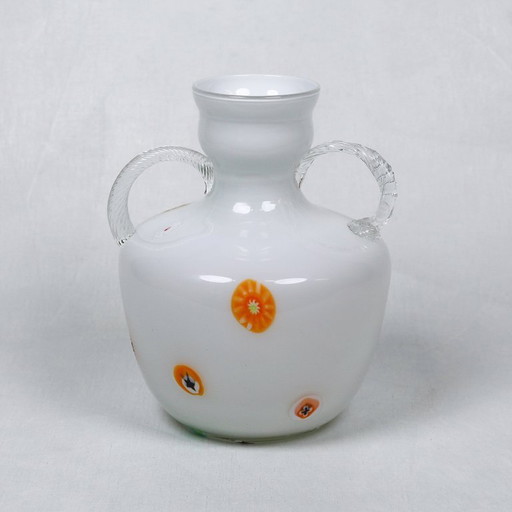 Murano-Opalin-Millefiori-Vase mit klaren Glasgriffen, 1970er Jahre