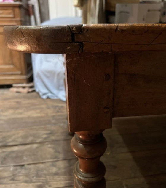 Image 1 of Grande table de ferme ancienne en bois massif – style rustique XIXe – pieds tournés - 181x100m