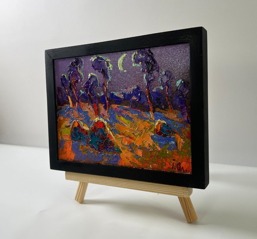 Original Oil Painting Fall Nature Landscape Blue Autumn Night