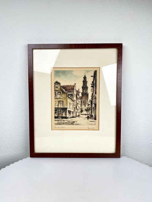 Kleine Vintage Kunstdruk van Amsterdam Westertoren en Grachtenpanden in Houten Vintage Lijst - Traditioneel Amsterdams Kunstwerk