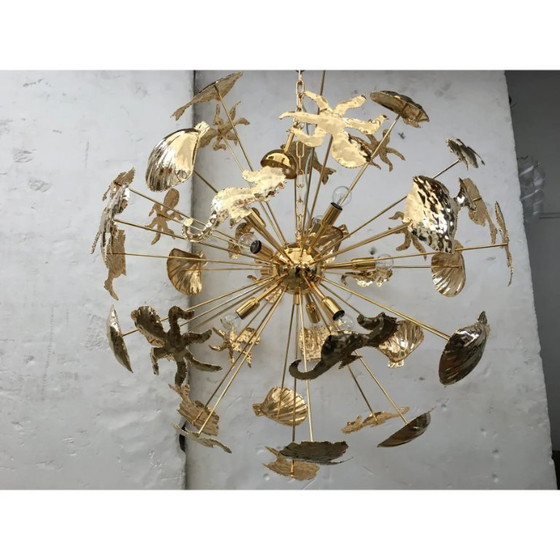 Image 1 of Lustre Sputnik du milieu du siècle avec structure en laiton et métal doré