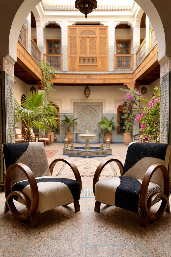 Image 1 of Pair of Moroccan Walnut Armchairs with Vintage Berber Kilim – Artisan Craftsmanship (Set of 2)