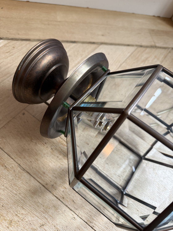 Image 1 of Amsterdamse School lantaarnlamp,messing/koper,facet geslepen glas