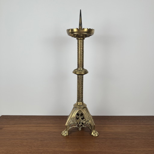 Antique Gothic Bronze Religious Candlestick