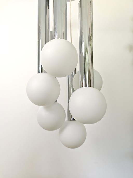 Vintage Sijaj Hrastnik Chandelier / Mid Century Modern Chrome & Glass Globe Pendant Lamp / Space Age Ceiling Light / Yugoslavian