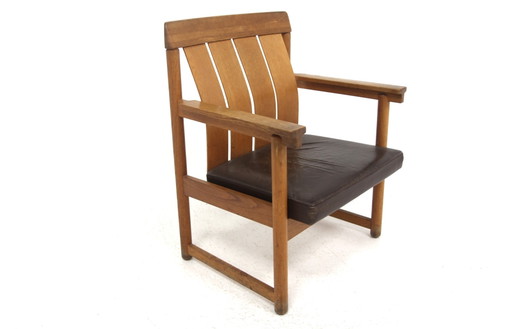 Eiken en leren fauteuil, Ferdinand Lundqvist, Zweden, 1960
