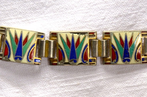 Bracciale alla moda in metallo placcato oro e smalto multicolore, tema egizio, stile Art Déco/vintage/etnico, (photo 2 of 5)