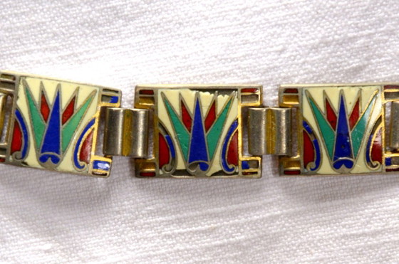 Modieuze armband van verguld metaal en veelkleurig emaille, Egyptisch thema, Art Deco/vintage/etnische stijl, (photo 2 of 5)