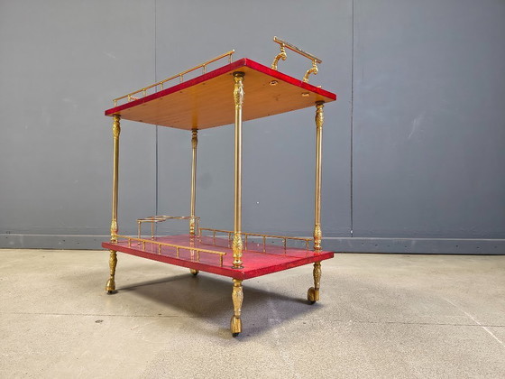 Image 1 of Rare chariot de service italien en cuir de chèvre laqué et parchemin, signé Aldo Tura, années 1960