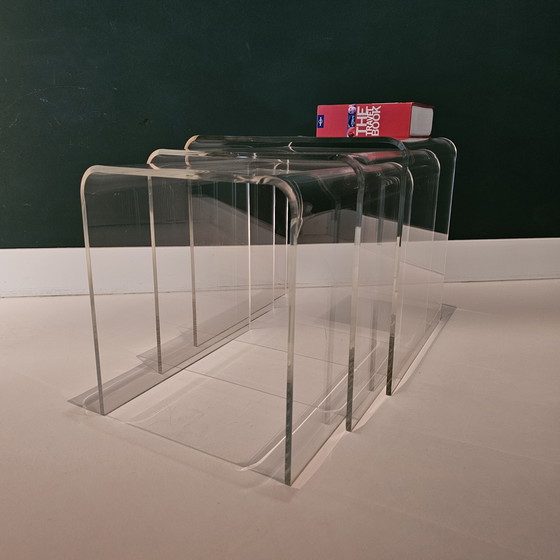 Image 1 of Set Of 3 Vintage Plexiglass Side Tables: Translucent Curved Acrylic Glass Tables, Perspex, Transparent, Mid - Century, Space Age