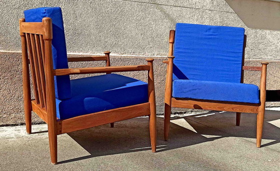 Image 1 of Pair of Scandinavian armchairs with blue cushions, 1960s