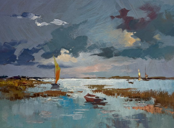 Image 1 of Origineel olieverfschilderij: Avondlandschap aan de rivier. Een rustige avond aan de rivier.