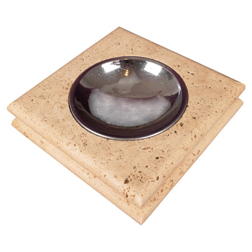 Posacenere quadrato in travertino italiano con piatto metallico rimovibile 1970