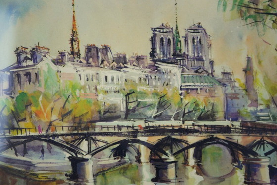 Image 1 of Antike gerahmte Farbgravur. Marius Girard. Die Île de la Cité, Paris.