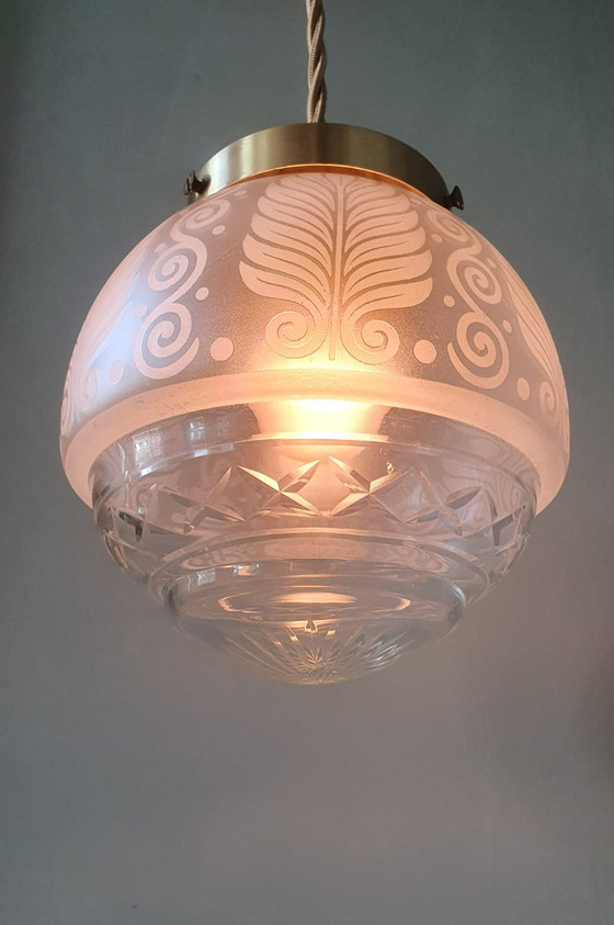 Vintage Bollamp / Hanglamp - Geslepen Glas (Ge-etst) Met Frosted Decoratie – Hanglampen, Metal (photo 3 of 15)