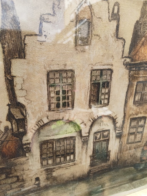 Colored Etching Alfred Van Neste – Atmospheric Cityscape (Framed) – Art, Glass, Metal (photo 6 of 10)