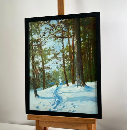 Original Oil Painting Winter Forest Landscape Walking through the snowy forest